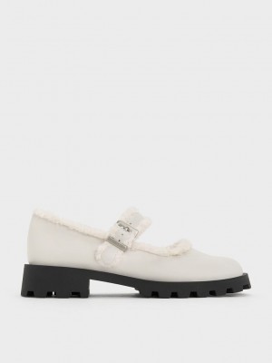 Charles & Keith Fur-Trim Buckled Mary Janes Rosa | YUWL85906