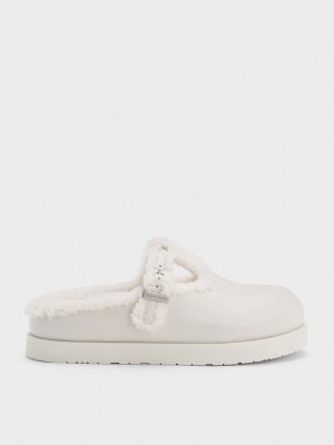 Charles & Keith Fur-Trim Buckled Mules Rosa | LZPN56478