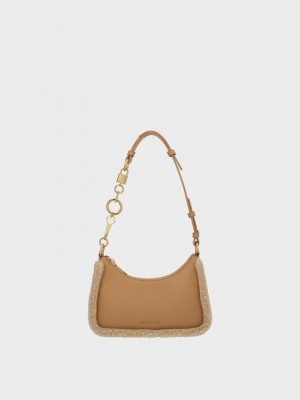 Charles & Keith Fur-Trim Lock & Key Chain Handle Bag Braun | NXMF46128