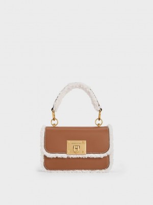Charles & Keith Fur-Trim Structured Top Handle Bag Braun | ISWC25643