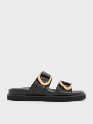 Charles & Keith Gabine Buckled Leder Slides Schwarz | IOAW95614