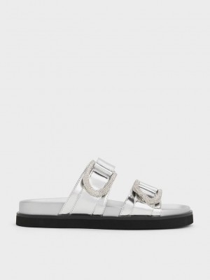 Charles & Keith Gabine Crystal-Embellished Metallic Leder Slides Silber | NBIX12985