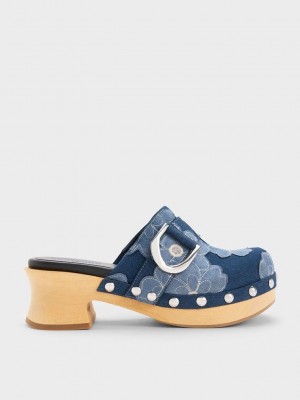 Charles & Keith Gabine Floral Denim Studded Clogs Blau | PLNS59706