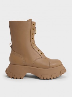 Charles & Keith Gabine Front Zip Ankle Boots Braun | ZHQJ24683