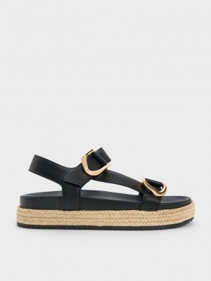 Charles & Keith Gabine Leder Espadrilles Sandals Schwarz | AUGN65098