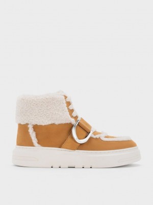 Charles & Keith Gabine Leder Fur-Gefütterte High-Top Sneakers Braun | GESJ30671