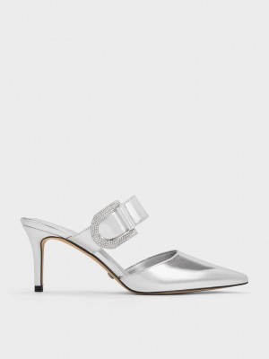 Charles & Keith Gabine Leder Metallic Crystal-Embellished Mule Pumps Silber | LSHZ68153