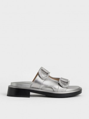 Charles & Keith Gabine Leder Slides Blau Grau | ECNV87905