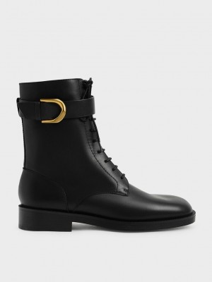 Charles & Keith Gabine Leder Spitze-Up Ankle Boots Schwarz | HJGO21409