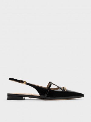 Charles & Keith Gabine Leder T-Bar Slingback Flats Schwarz | HBKZ61482