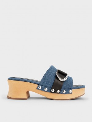 Charles & Keith Gabine Studded Denim & Leder Clogs Blau | SXNJ43861