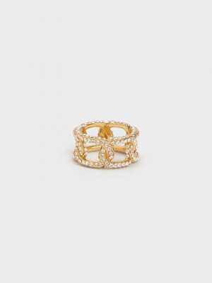 Charles & Keith Gabine Swarovski Crystal Chain-Link Ring Gold | YCRF60287