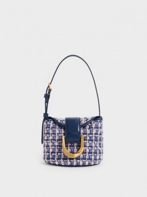 Charles & Keith Gabine Tweed Bucket Bag Navy | YEDI52413