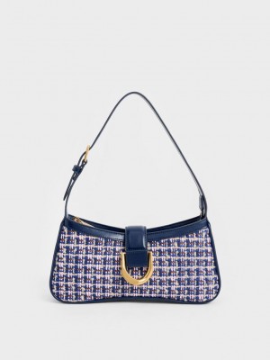 Charles & Keith Gabine Tweed Curved Shoulder Bag Navy | HLCF91234