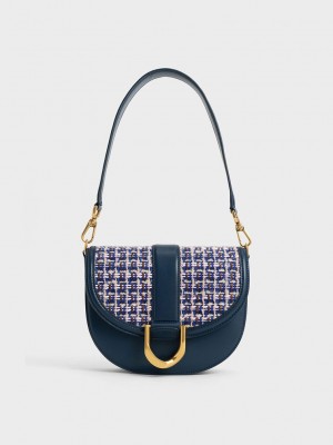 Charles & Keith Gabine Tweed Saddle Bag Navy | KARV57061