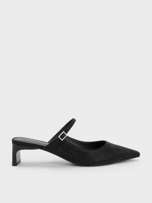 Charles & Keith Gem-Embellished Blade Heel Mules Schwarz | FSDB39827