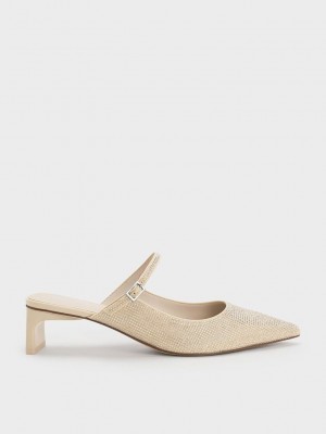 Charles & Keith Gem-Embellished Blade Heel Mules Beige | XSNB26570