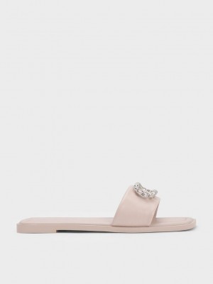 Charles & Keith Gem-Embellished Leder Slides Beige | LMXD68901