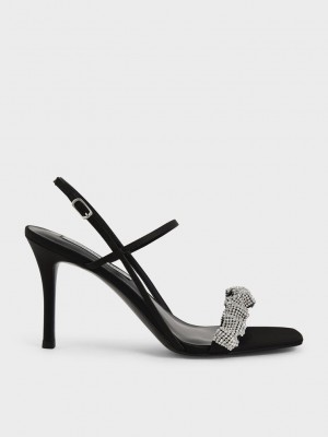 Charles & Keith Gem-Embellished Satin Stiletto Sandals Schwarz | DQTO94201