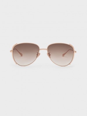 Charles & Keith Gem-Embellished Wireframe Aviator Sunglasses Rosa Gold | OKXB16890