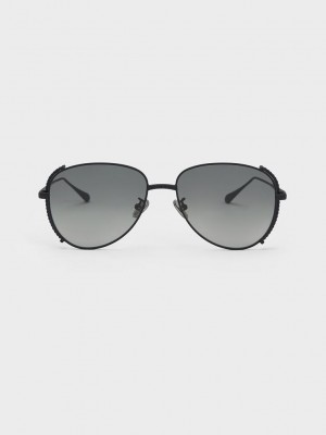Charles & Keith Gem-Embellished Wireframe Aviator Sunglasses Schwarz | YRWP30416