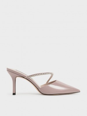 Charles & Keith Gem-Encrusted Lack Mules Grau Braun | UQFX40673