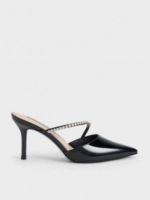 Charles & Keith Gem-Encrusted Lack Stiletto Mules Schwarz | GSHI38479