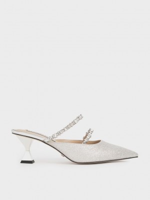 Charles & Keith Gem-Encrusted Metallic Glittered Mules Silber | LKBM52193