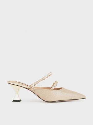 Charles & Keith Gem-Encrusted Metallic Glittered Mules Gold | AHPC10279