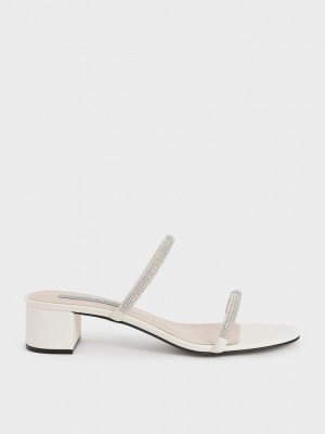 Charles & Keith Gem-Encrusted Riemchen Absatz Mules Weiß | FQAI31708