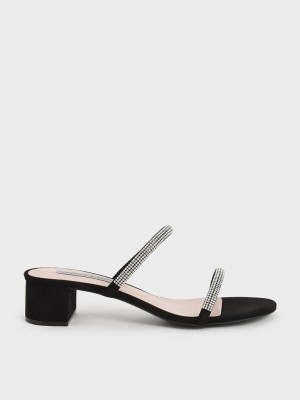 Charles & Keith Gem-Encrusted Riemchen Absatz Mules Schwarz | VJGE62975