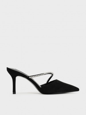 Charles & Keith Gem-Encrusted Textured Stiletto Mules Schwarz | XLNB61952