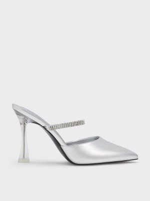Charles & Keith Gem Riemen Metallic Mules Silber | DPBQ30245