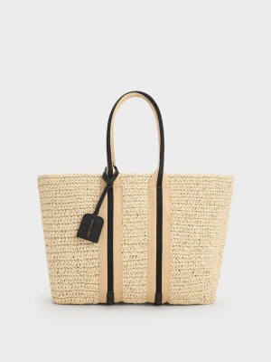 Charles & Keith Gestreift Handles Raffia Tote Bag Schwarz | OTXY90364