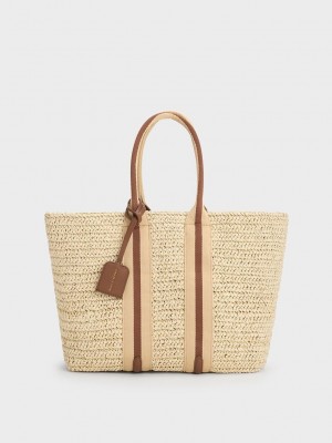 Charles & Keith Gestreift Handles Raffia Tote Bag Schokolade | HZTD64235