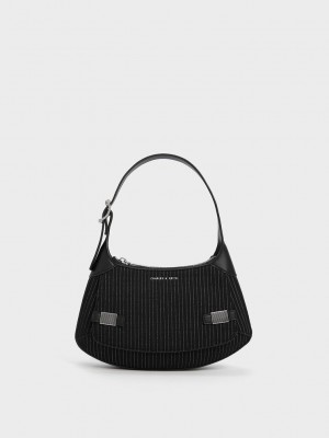 Charles & Keith Gestreift Metallic-Accent Curved Shoulder Bag Dunkelgrau | NPDH31025