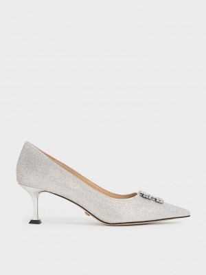 Charles & Keith Glittered Gem-Embellished Kitten Heel Pumps Silber | VQAC57160
