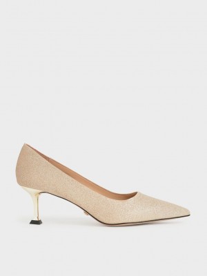 Charles & Keith Glittered Kitten Heel Pumps Gold | TFMC56279