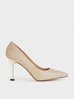 Charles & Keith Glittered Sculptural Stiletto Heel Pumps Gold | GWDF64079