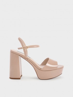 Charles & Keith Halle Peep-Kappe Lack Plattform Sandals Beige | LTHC45097