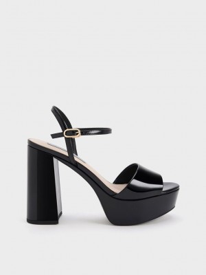 Charles & Keith Halle Peep-Kappe Lack Plattform Sandals Schwarz | SMKF36425