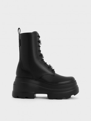 Charles & Keith Heart-Embellished Spitze-Up Plattform Boots Schwarz | WUAY23069