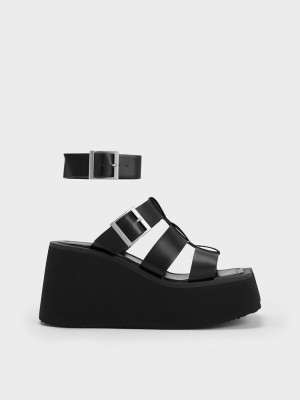 Charles & Keith IIsa Flatform Gladiator Sandals Schwarz | PQKN18957