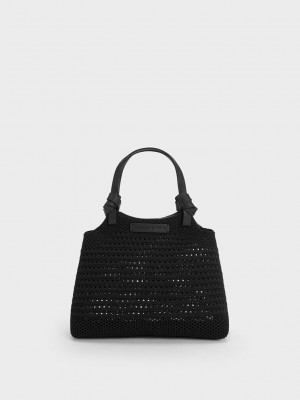 Charles & Keith Ida Knotted Handle Gestrickt Tote Bag Schwarz | EQUK81540