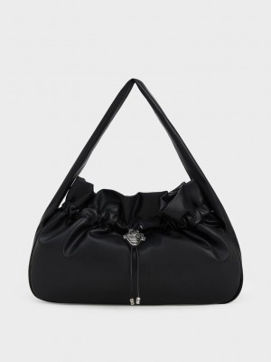 Charles & Keith Illustrated Heart Charm Ruched Hobo Bag Schwarz | XZEU85734