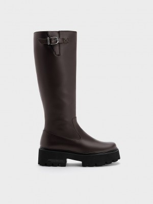 Charles & Keith Imogen Side-Schnallen Chunky Knee-High Boots Dunkelbraun | MEUZ67415
