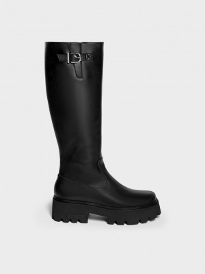 Charles & Keith Imogen Side-Schnallen Chunky Knee-High Boots Schwarz | WJSB21054