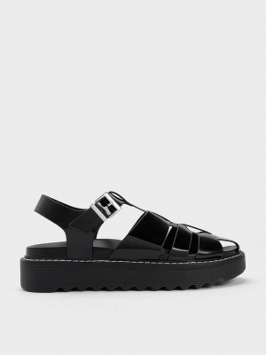 Charles & Keith Interwoven Lack Buckled Sandals Schwarz | ELMO78025