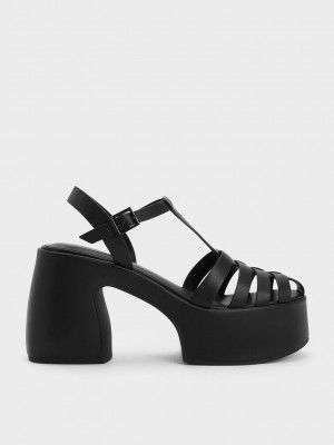 Charles & Keith Interwoven Plattform Gladiator Sandals Schwarz | PRTV75902