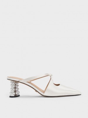 Charles & Keith Jacinda Beaded Heel Bow Mules Weiß | DVKN89071